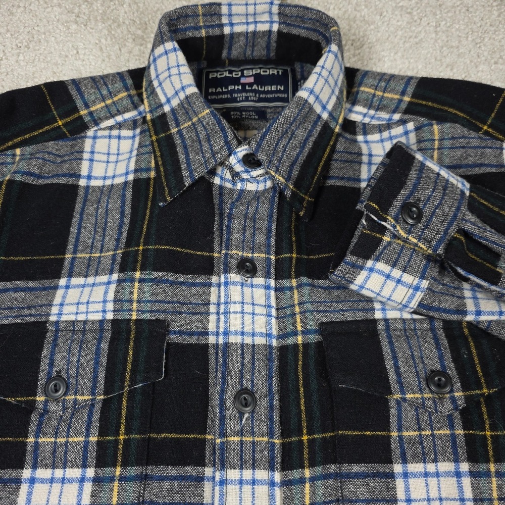 Polo Sport Ralph Lauren Shirt Mens Small Black Blue‎ Plaid Flannel Outdoor Wool